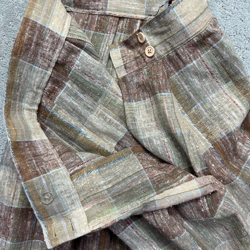 VINTAGE Louben Midi Skirt Womens Size 13/14 Brown Tan Plaid Pleated Linen Blend